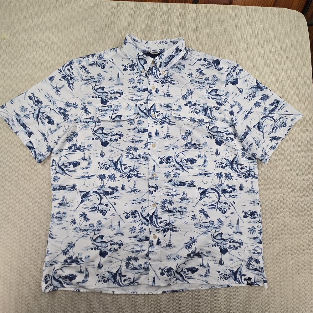 Chaps Shirt Mens XL Blue Tropical Fish Short Sleeve Button Front Vented Fishing‎